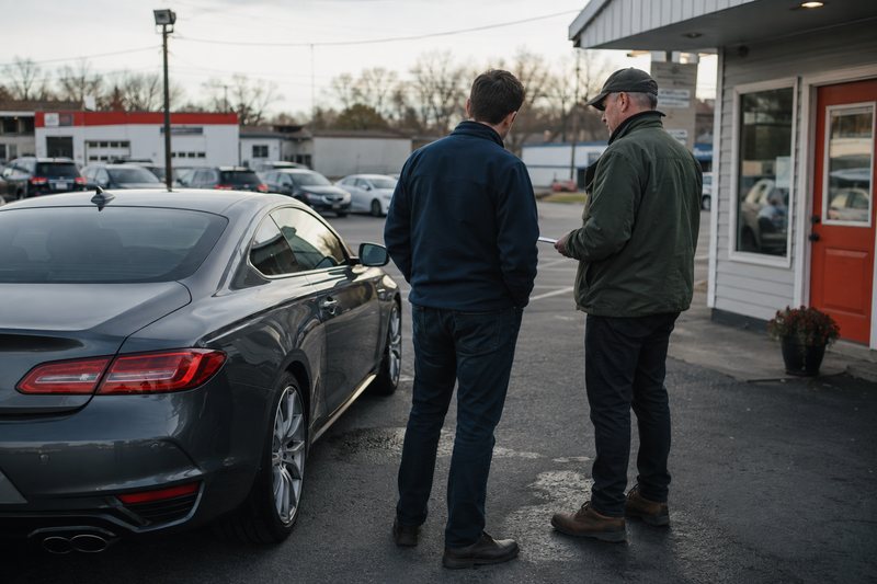 Buyer and specialist discussing a premium coupe outside a dealer office